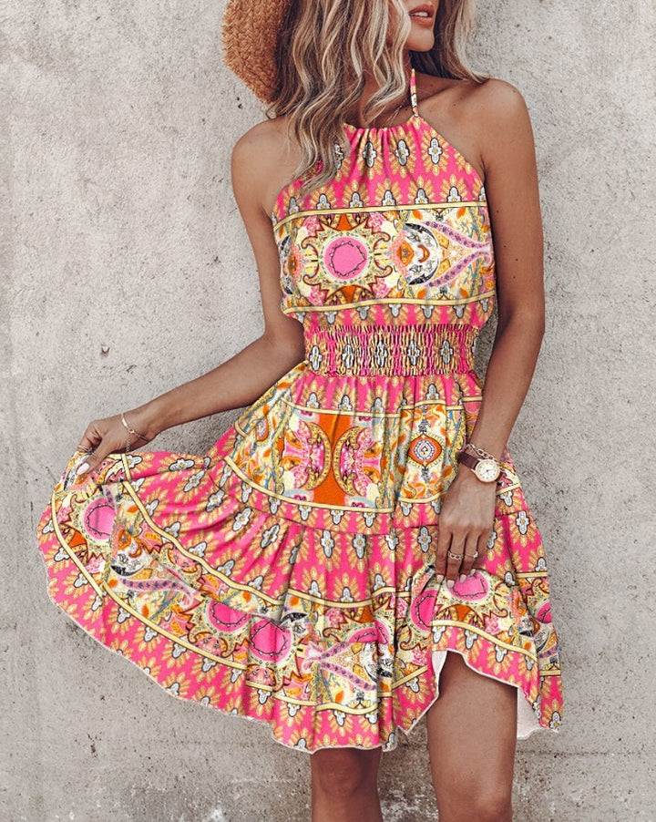 Women’s Halter Neck Dress – Flowy Fit – Smocked Waist – Cotton Blend – Midi Length