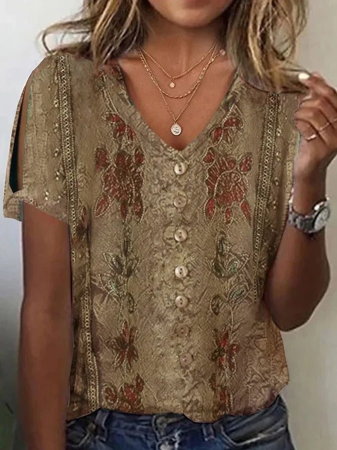 Women’s Blouse – Relaxed Fit – V-Neck Button Front – Embroidered Boho Style – Soft Fabric
