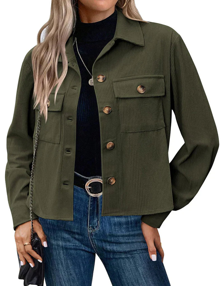 Women’s Utility Jacket – Relaxed Fit – Ribbed Texture – Button Front – Chest Pockets