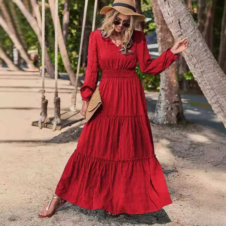 Women’s Maxi Dress – V-Neck – Smocked Waist – Tiered Skirt – Long Sleeve – Breathable Blend