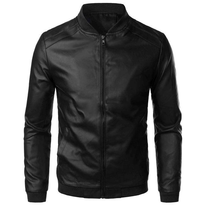 Men’s Leather Jacket - Slim Fit - Stand Collar - Zipper Front - Ribbed Cuffs