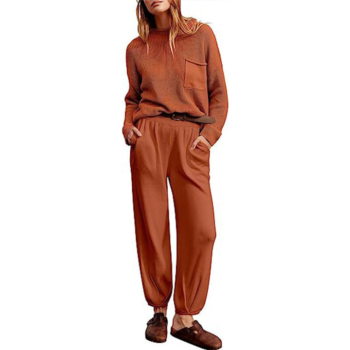 Women’s Two-Piece Loungewear Set – Knitted Long Sleeve Top – Elastic Waist Jogger Pants