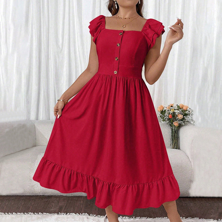 Women’s Midi Dress – Flared A-Line Fit – Ruffle Sleeves – Button Front – Square Neckline