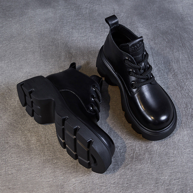 Women’s Ankle Boots – Genuine Leather – High-Top – Chunky Sole – Lace-Up Casual Style