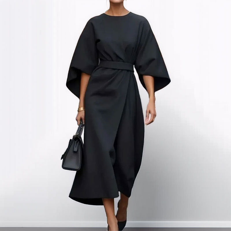 Women's Long Dress – Batwing Sleeve – Cinched Waist – Asymmetrical Draped Fit