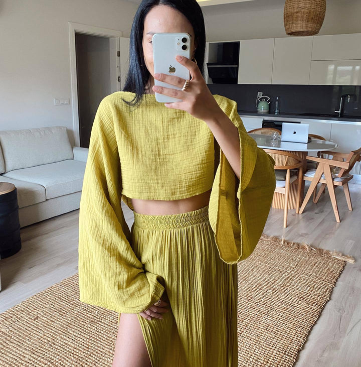 Women’s Two-Piece Set – Cotton Blend – Boat Neck Crop Top – High Slit Maxi Skirt