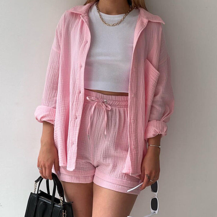 Women’s Two-Piece Set – Relaxed Crinkled Shirt – High-Waisted Drawstring Shorts