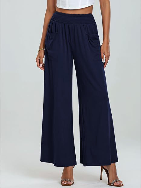 Women's Wide-Leg Pants - Elastic Waistband - Full Length - Relaxed Fit - Front Pockets