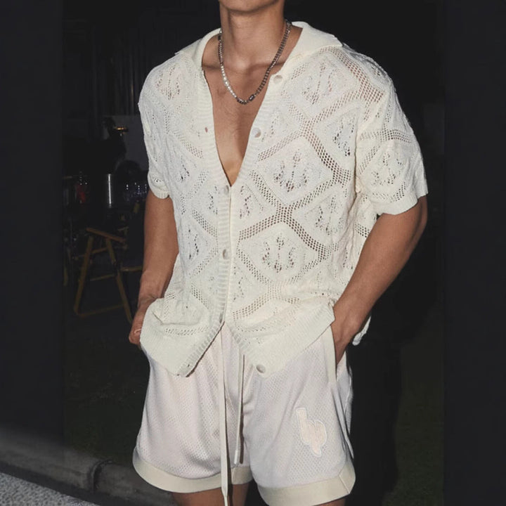 Men’s Knit Cardigan - Lace Mesh Openwork - Oversized Fit - V-Neck Short Sleeve