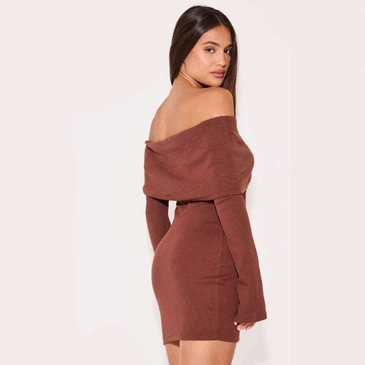 Women’s Off-Shoulder Dress - Ribbed Knit - Button Front - Slim Fit - Long Sleeve
