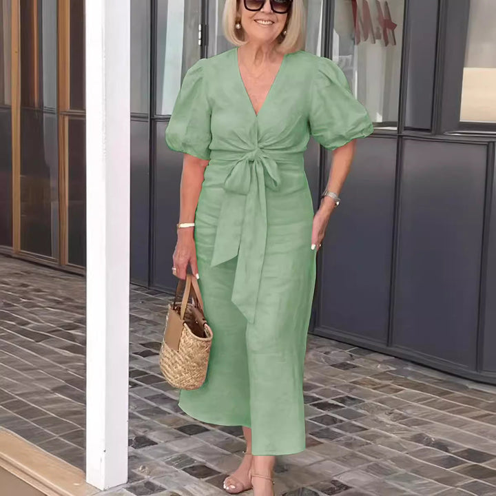 Women’s Midi Dress – Natural Fibers – V-Neck – Tie Waist – Puff Sleeve – Relaxed Fit