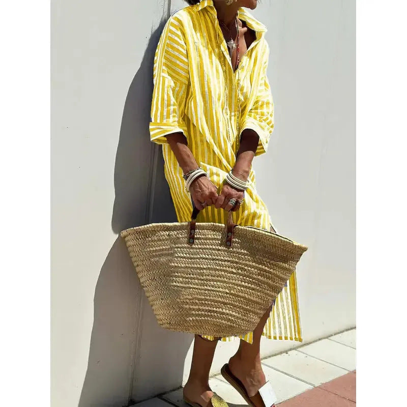 Women’s Shirt Dress – Relaxed Fit – Cotton – Button Down – Midi Length – Side Slit