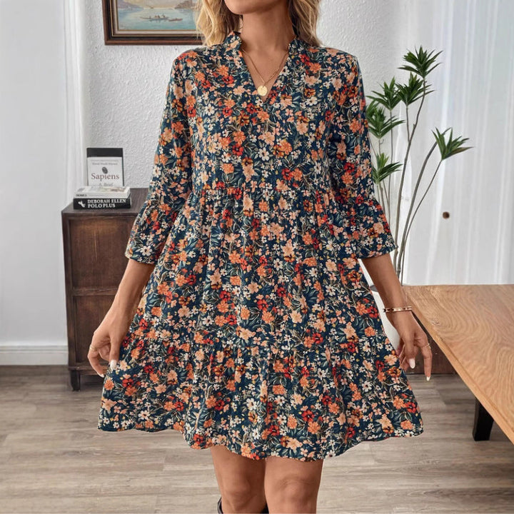 Women’s A-Line Dress – Lightweight Cotton – V-Neck – 3/4 Flare Sleeve – Floral Print