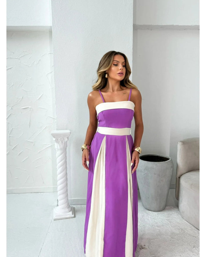 Women’s Maxi Dress – A-Line Fit – Square Neckline – Strappy Bodice – Panel Detailing