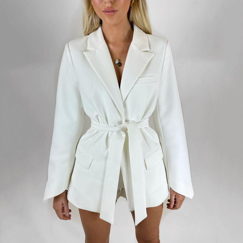 Women’s Blazer - Tailored Longline Fit - Self-Tie Waist - Notched Lapel - Flap Pockets