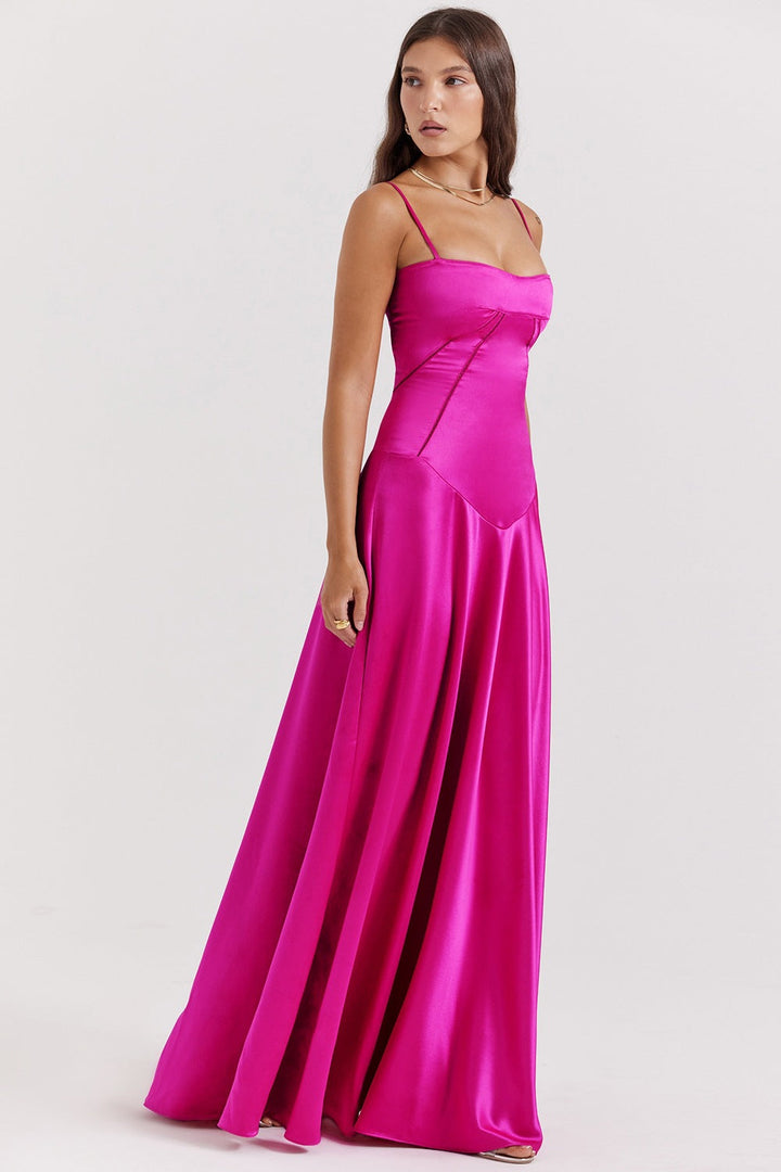 Women’s Evening Gown - Silk Feel - Cut-Out Waist - Spaghetti Strap Full-Length Dress