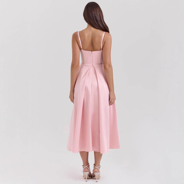 Women’s Dress – Fitted Bodice – Deep V-Neck – Spaghetti Straps – A-Line Midi Skirt