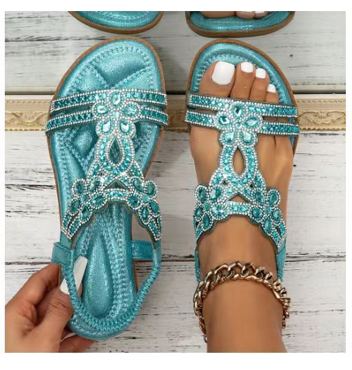 Women’s Flat Sandals – Open Toe – Rhinestone Straps – Cut-Out Slingback Design