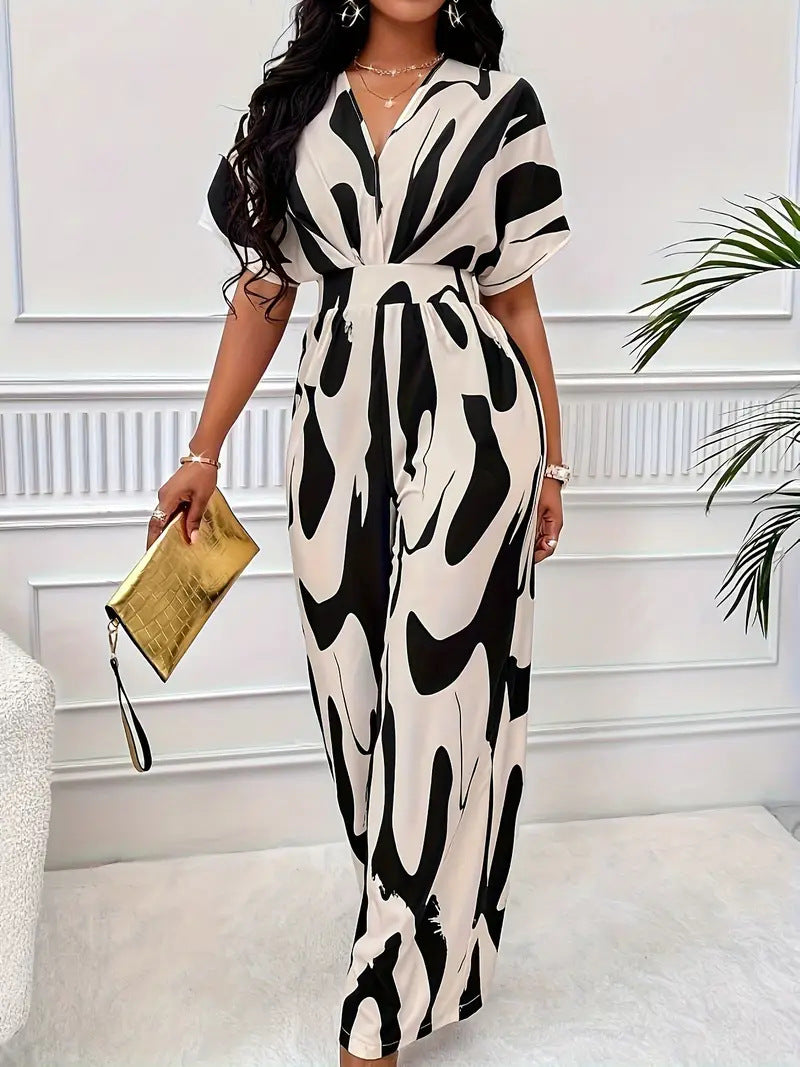 Women’s Jumpsuit - V-Neck - Short Sleeve - Wide Leg - Defined Waist - Abstract Pattern