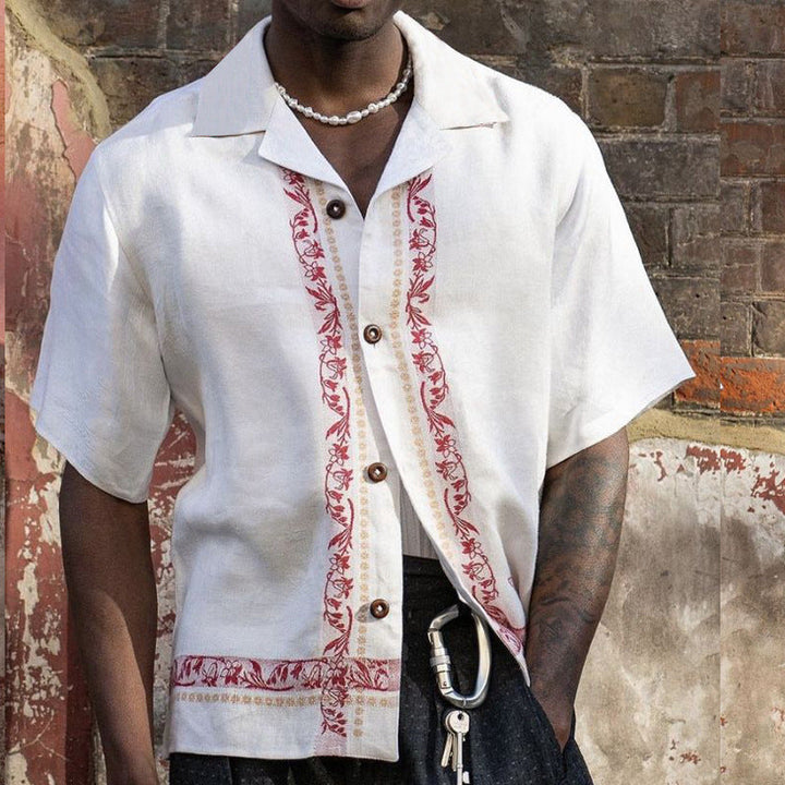 Men's Short Sleeve Shirt – Relaxed Fit – Linen Blend – Embroidered Detail – Button Front