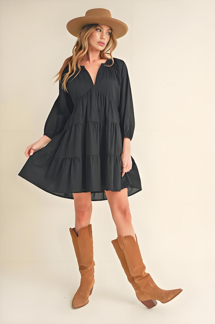 Women’s Mini Dress - Tiered A-Line - V-Neck - 3/4 Puff Sleeve - Relaxed Fit