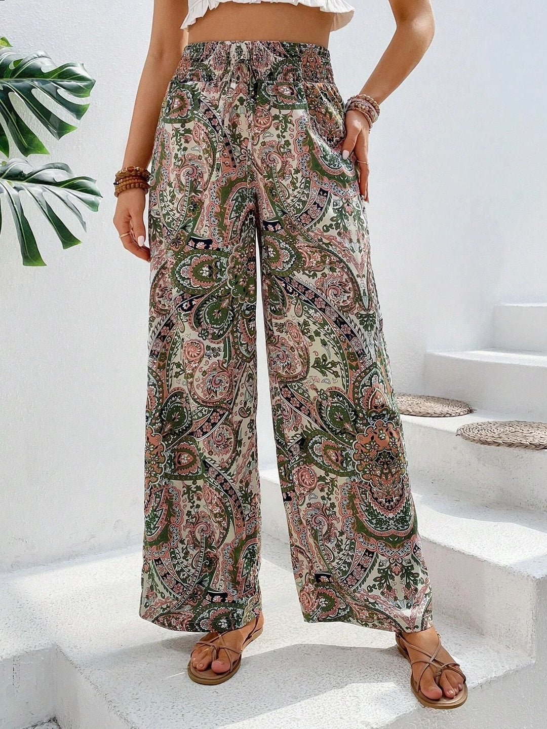 Women’s Wide-Leg Pants – Relaxed Fit – Elastic Waist – Breathable Blend – Boho Print