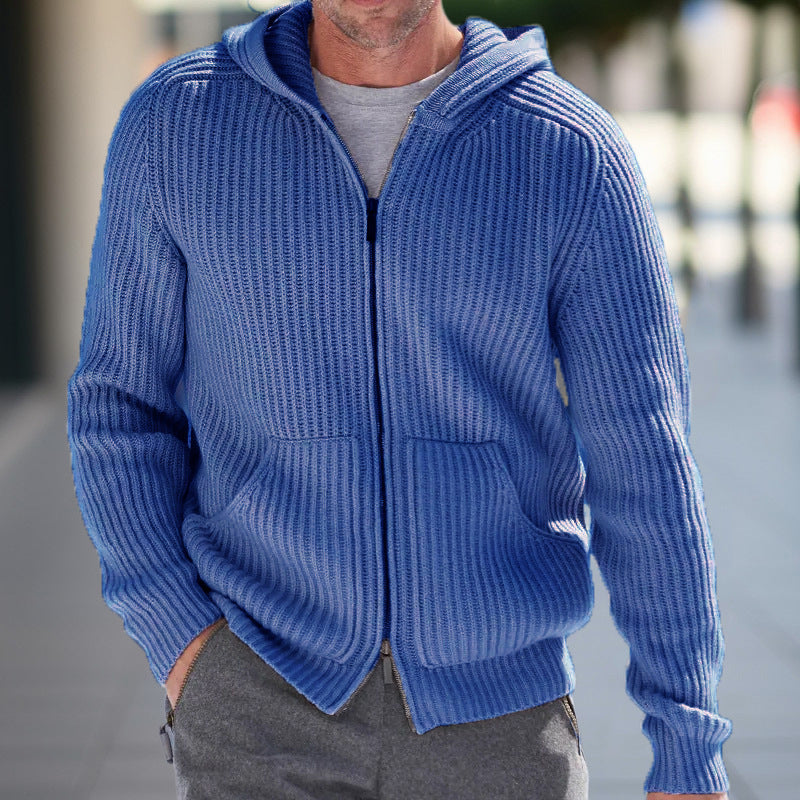 Men’s Knit Cardigan - Relaxed Fit - Hooded - Ribbed Texture - Long Sleeve Casual Layer