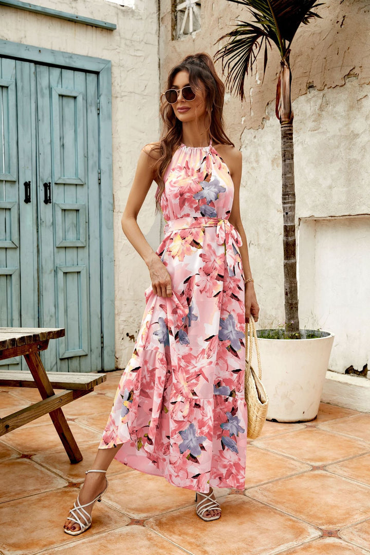 Women’s Maxi Dress – Halter Neck – Tie Waist – Sleeveless Flowy Skirt – Ruffled Hem