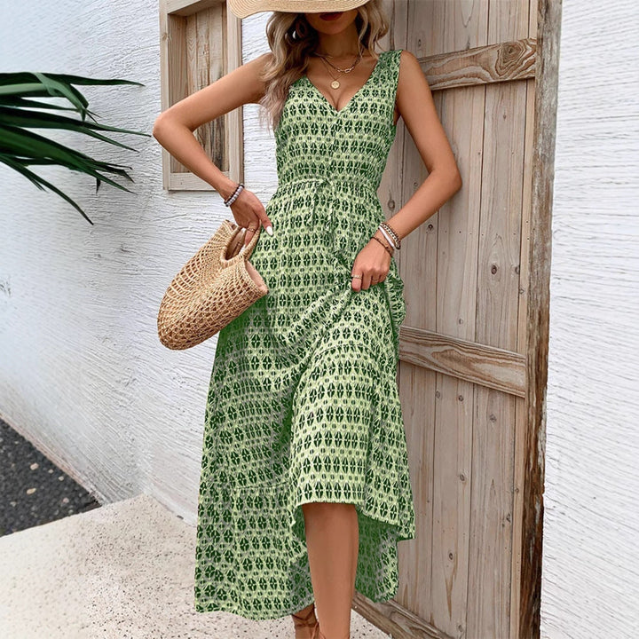 Women's Maxi Dress - V-Neck - Sleeveless - Adjustable Waist - Tiered Flowy Skirt
