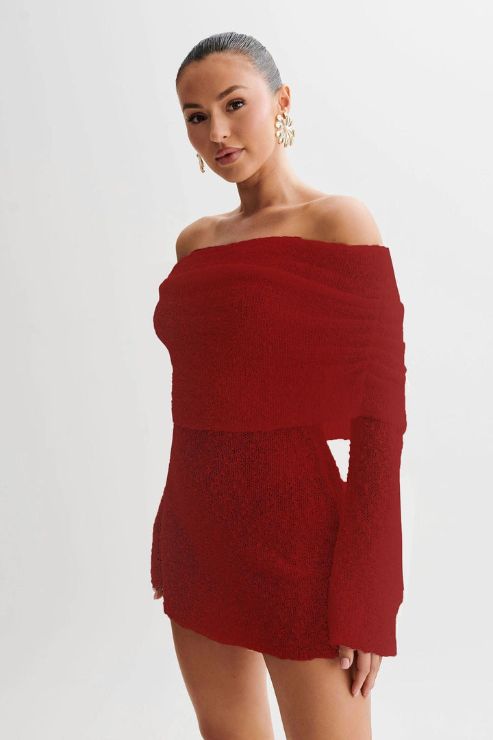 Women’s Knit Dress – Off-Shoulder – Slim Fit – Long Sleeve – Soft Textured Fabric