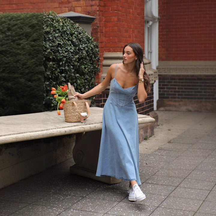 Women’s Midi Dress – Cotton Denim – Sweetheart Neckline – Spaghetti Straps – Fitted Bodice