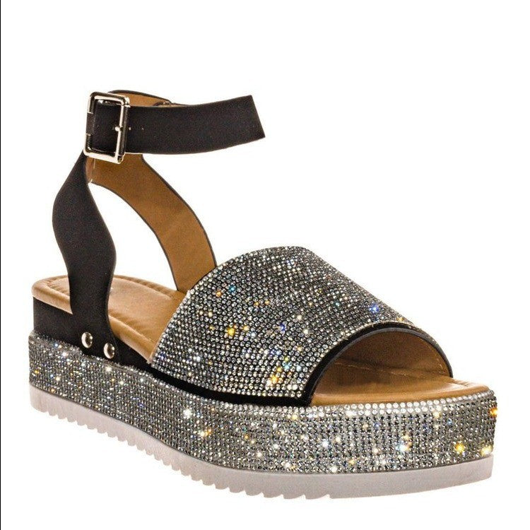 Women’s Platform Sandals – Rhinestone Straps – Chunky Sole – Open Toe – Buckle Closure