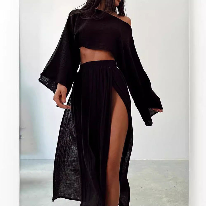 Women’s Two-Piece Set – Cotton Blend – Boat Neck Crop Top – High Slit Maxi Skirt