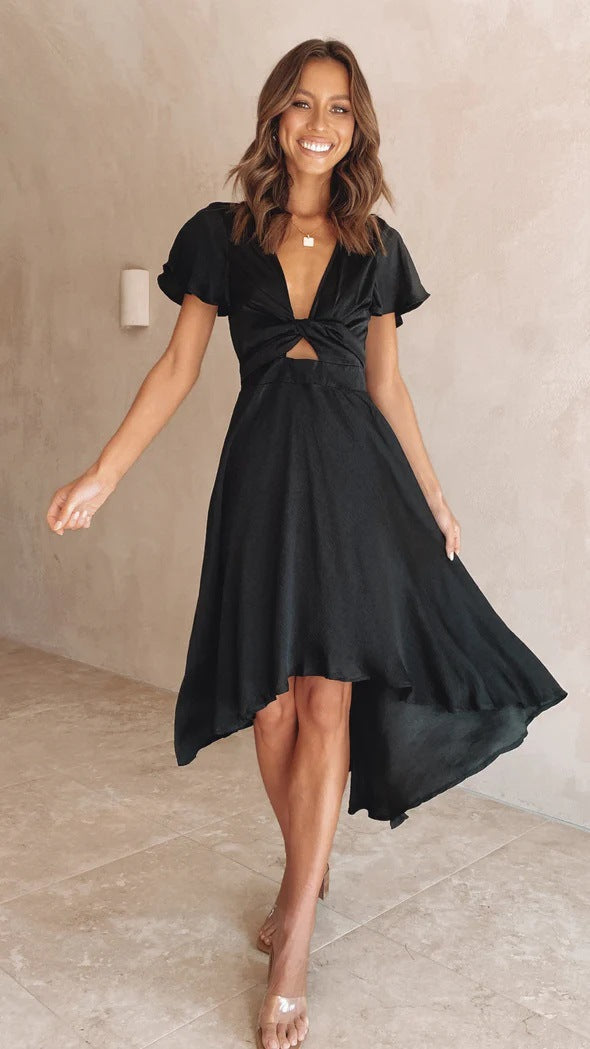 Women’s Midi Dress – V-Neck – Flutter Sleeve – Tie Waist – Asymmetrical Hem – Luxury Fabric