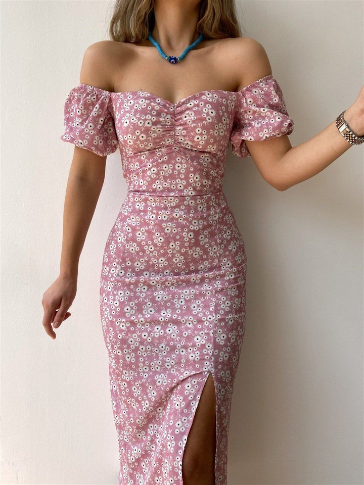Women’s Off-Shoulder Dress – Sweetheart Neckline – Puff Sleeves – Slim Fit with Slit
