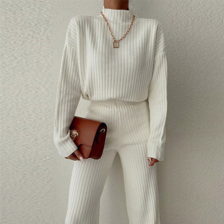 Women’s Knit Loungewear Set – Ribbed Texture – Relaxed Fit – Semi-High Neck – Full Length