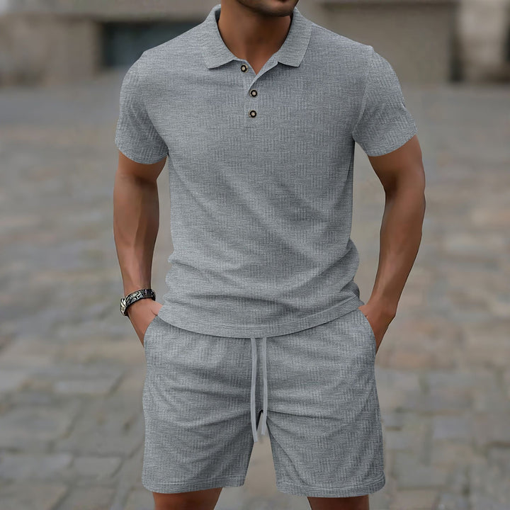 Men’s Casual Set – Short-Sleeve T-Shirt – Slim Fit – Textured Fabric – Button Placket – Collared Neckline