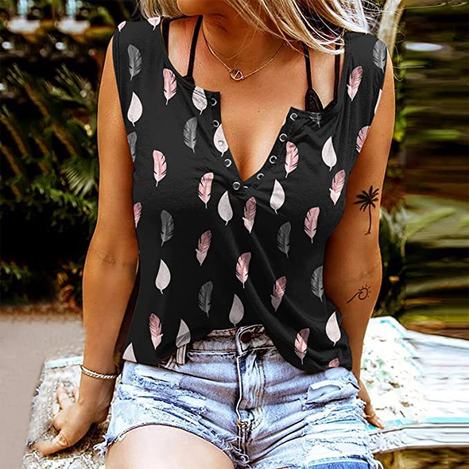 Women’s Sleeveless T-Shirt – Relaxed Fit – V-Neck Button Placket – Breathable Blend