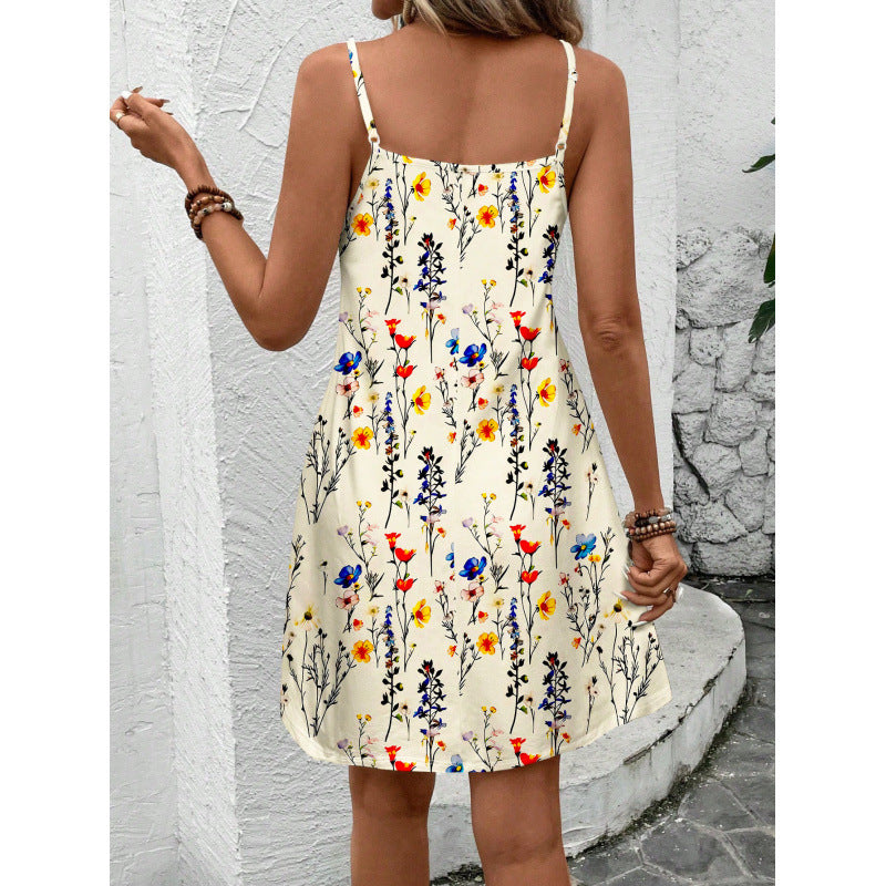 Women’s Casual Dress - Cotton - Adjustable Straps - Floral Print - Above Knee Length