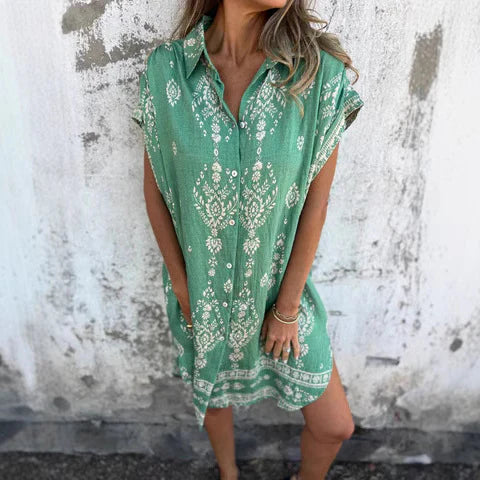 Women’s Shirt Dress – Relaxed Fit – Natural Fibers – Bohemian Print – Mini Length
