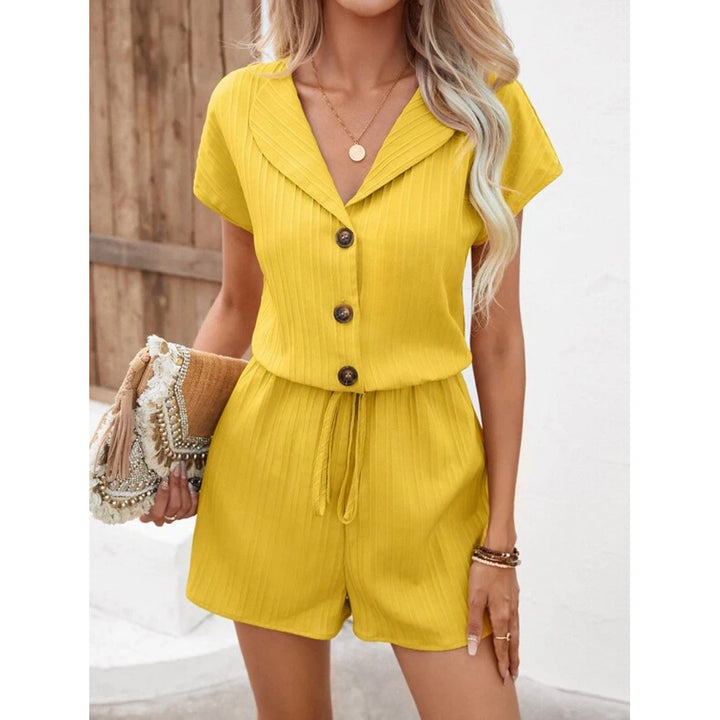 Women’s Romper - Relaxed Fit - Short Sleeve - Drawstring Waist - Notched Collar - Button Front