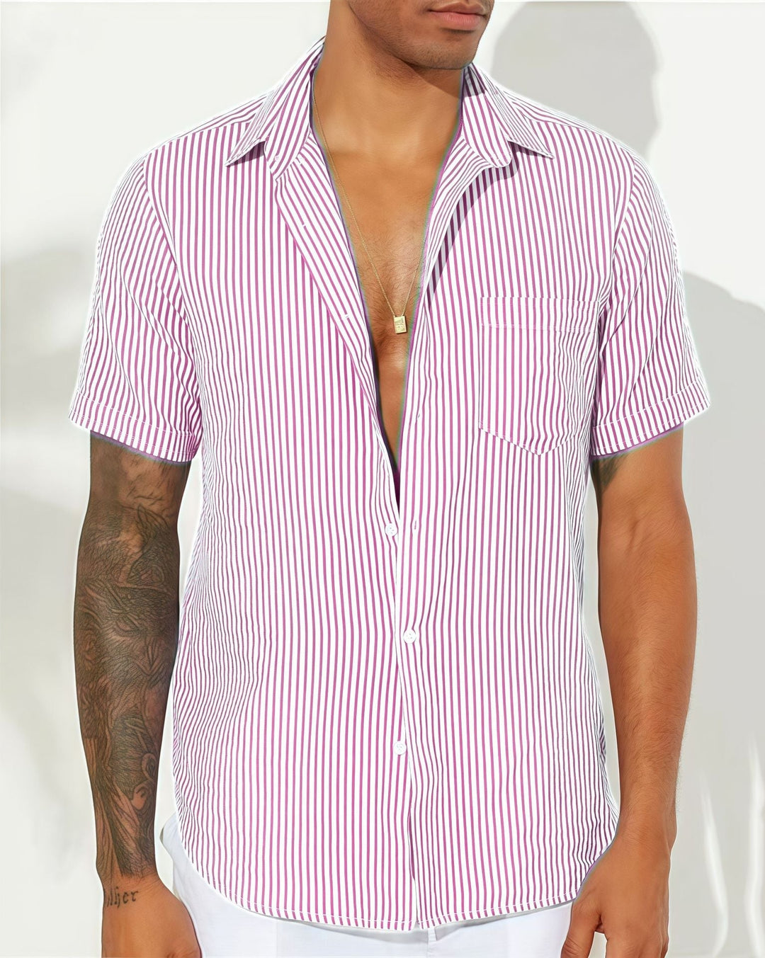 Men’s Button-Up Shirt – Relaxed Fit – Short Sleeve – Breathable Blend – Striped Casual Style