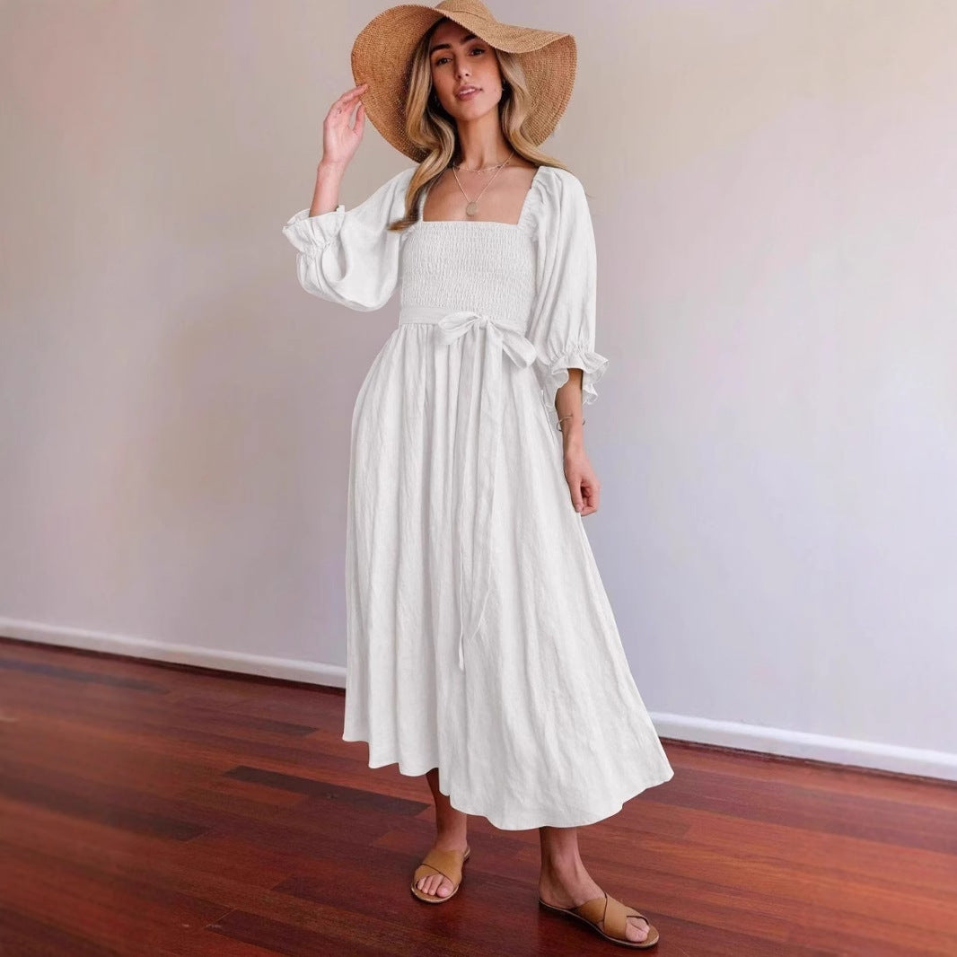 Women’s Midi Dress – Smocked Bodice – Puff Sleeve – Square Neck – Belted Waist