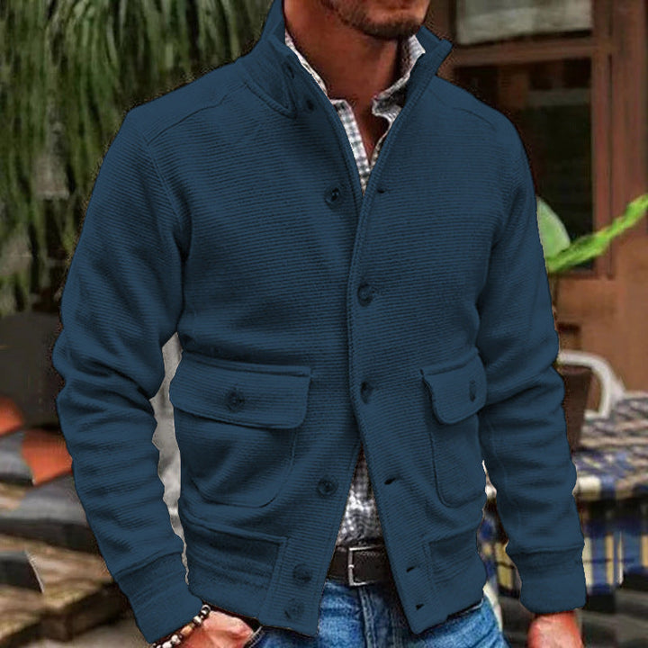 Men’s Jacket - Slim Fit - High Collar - Textured Cotton - Button Closure - Flap Pockets