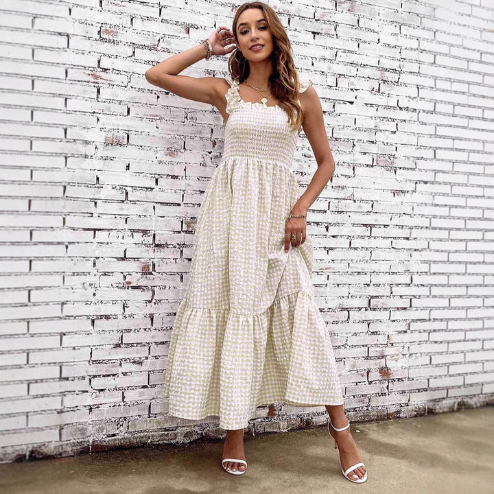 Women’s Midi Dress – Gingham Pattern – Smocked Bodice – Ruffled Straps – Flowy Skirt