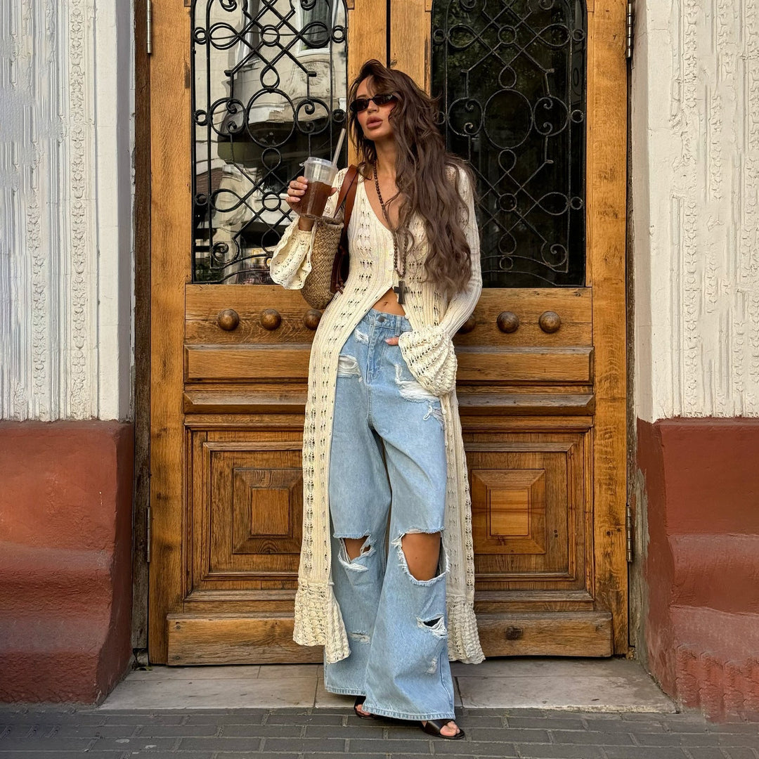 Women’s Long Cardigan - Lightweight Knit - Oversized Fit - Ruffle Hem - Flared Sleeves