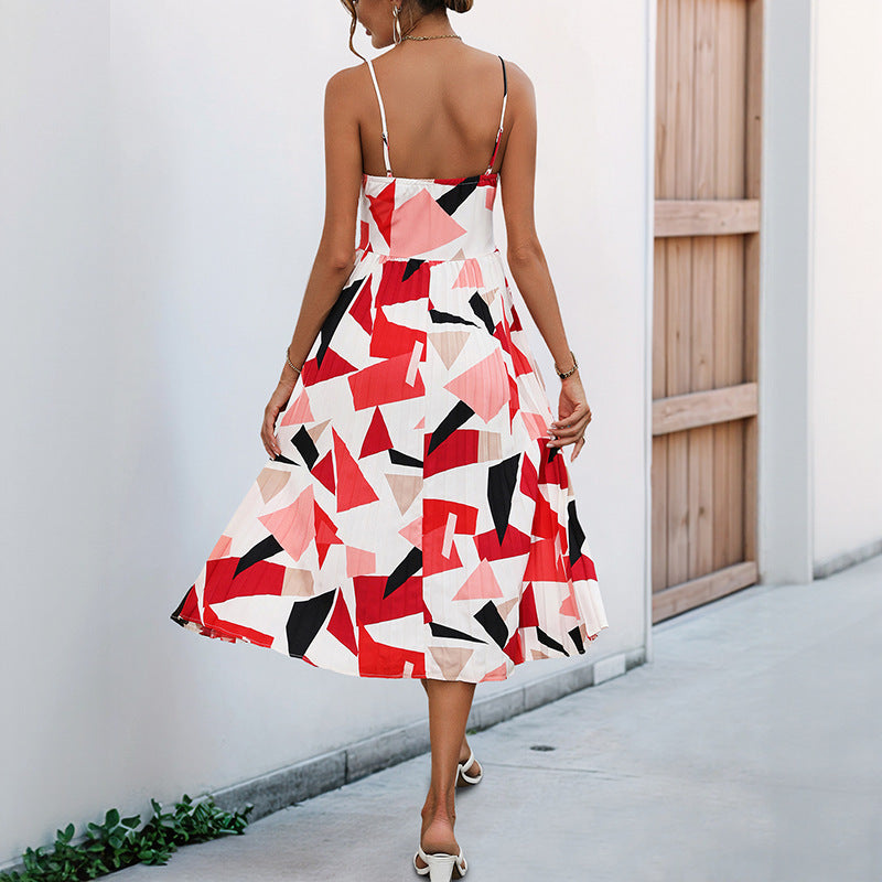 Women’s A-Line Dress – Lightweight Fabric – Spaghetti Strap – Pleated Skirt – Abstract Print