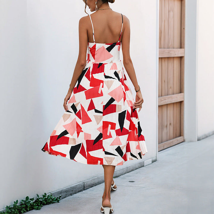 Women’s A-Line Dress – Lightweight Fabric – Spaghetti Strap – Pleated Skirt – Abstract Print
