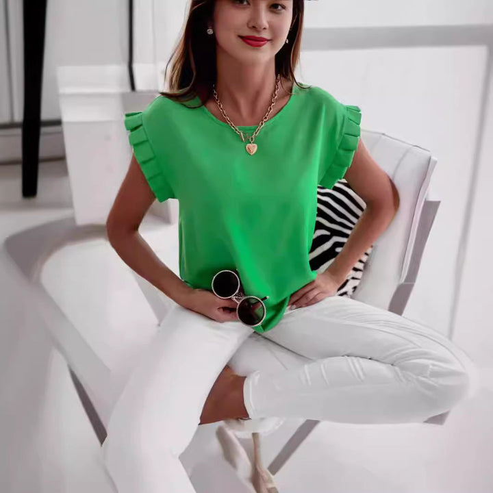 Women’s Blouse – Relaxed Fit – Ruffled Sleeves – Breathable Blend – Round Neck