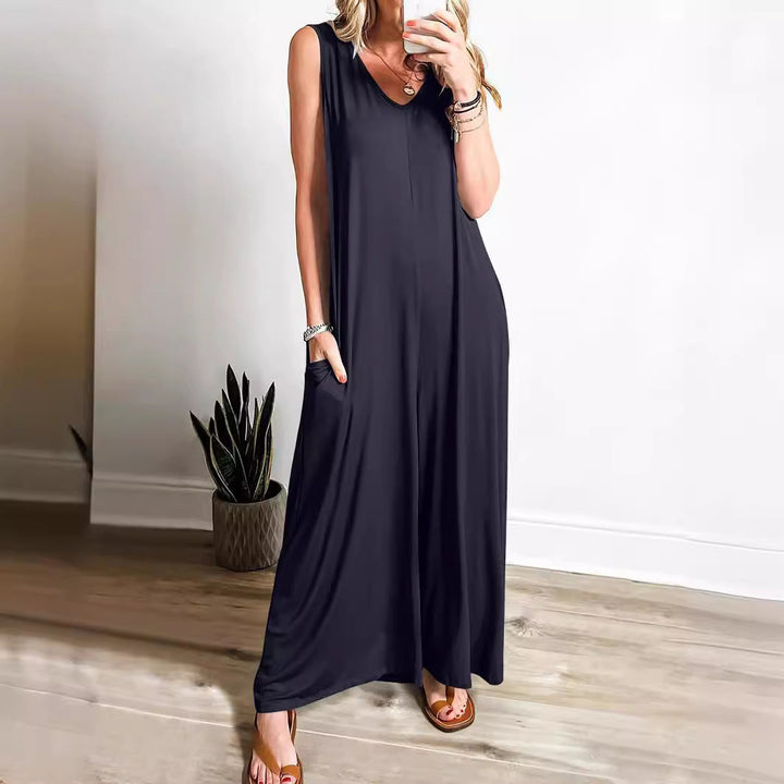 Women’s Maxi Dress – Soft Knit – Flowing Fit – Sleeveless V-Neck with Side Pockets